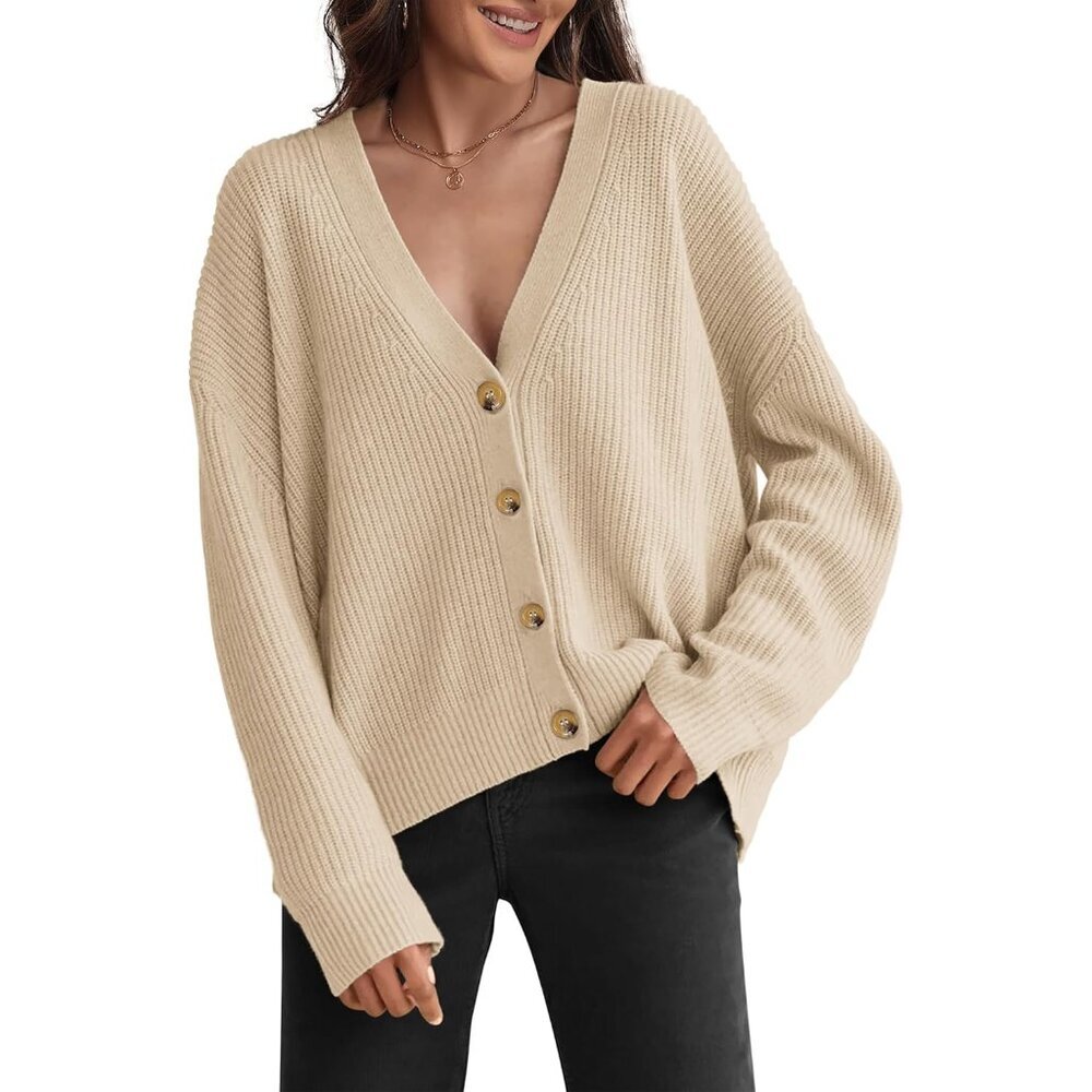 Oversized Knit Cardigan Sweater Womens Lightweight Button V-Neck Casual